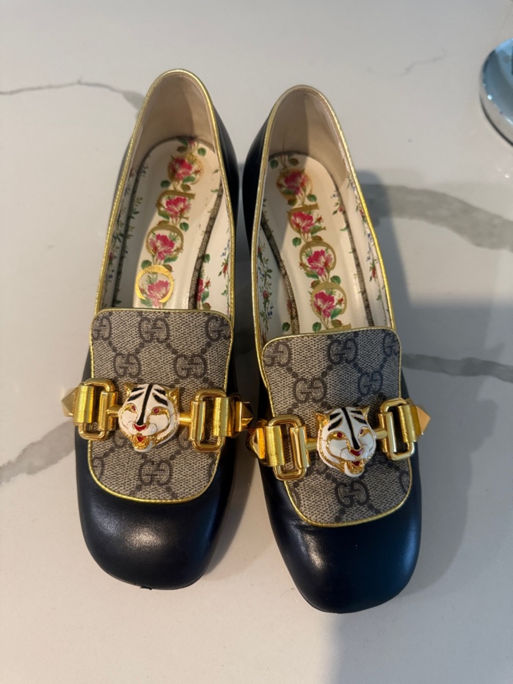 Gucci Women's Black Leather and GG Canvas Horsebit Loafers with Gold Accents